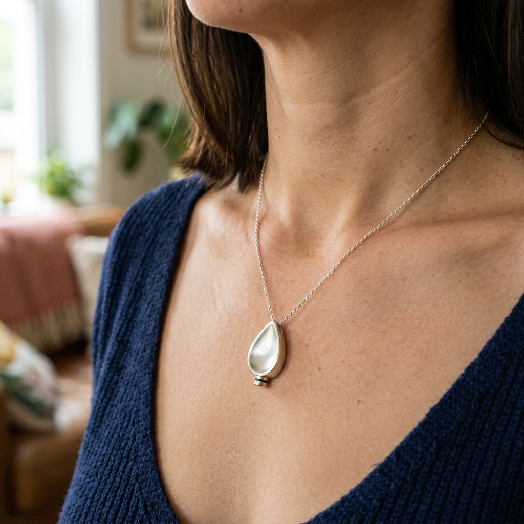 Woman wearing silver teardrop pendant necklace on chain